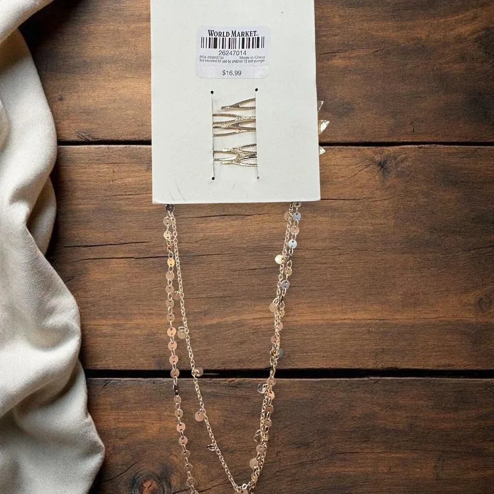 World Market Gold Leaf Hair Comb Set with Draped Sequin Chain Boho Accessory